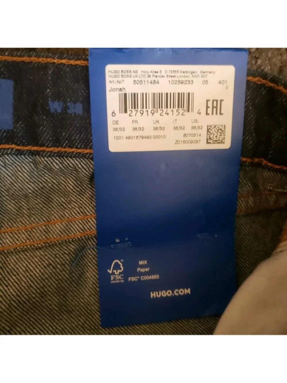 NWT Hugo Jonah Straight Leg Dark Blue Denim Jeans 38×32 50511484